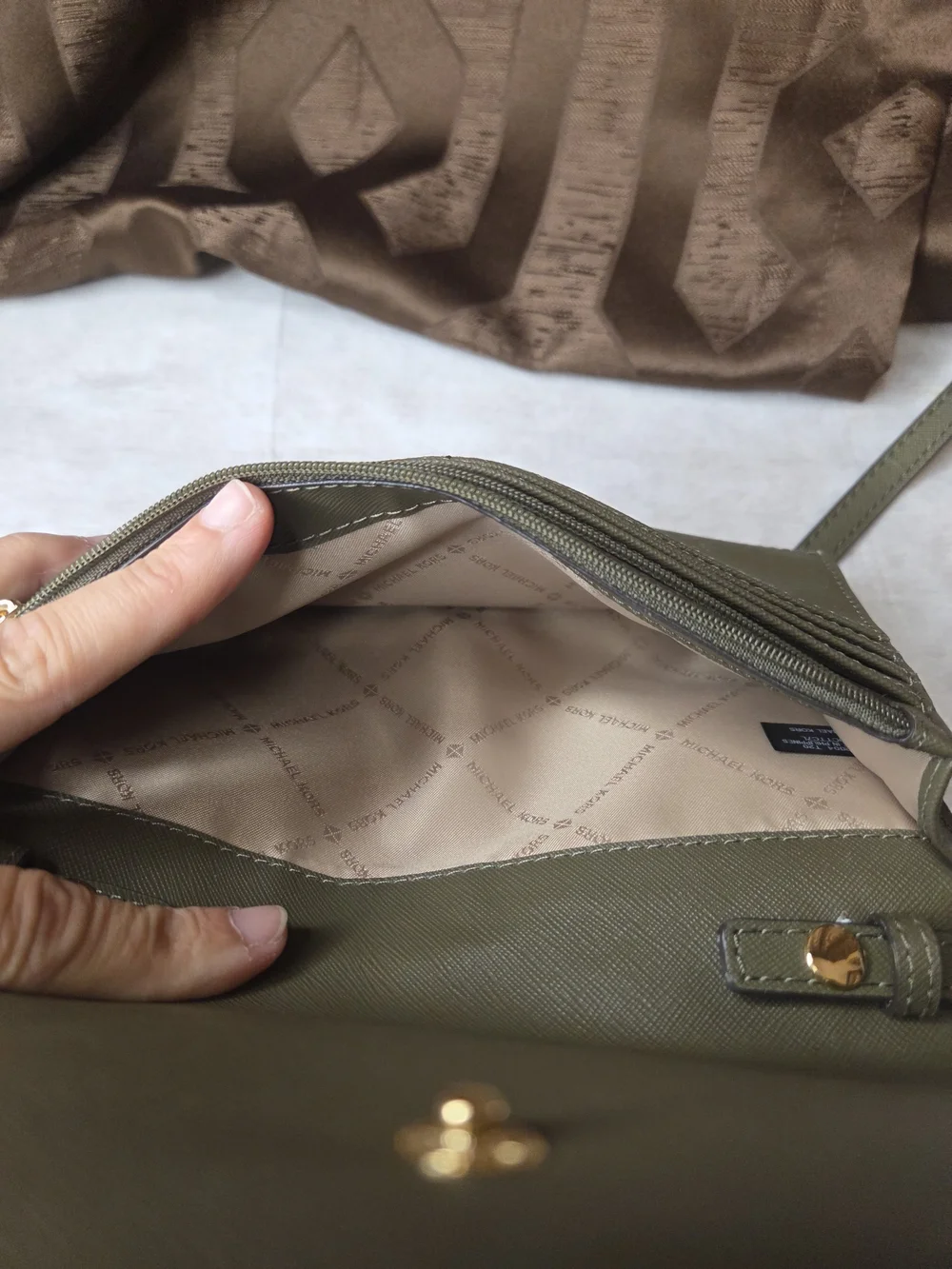 Michael Kors Olive Green Crossbody Wallet with Gold MK Charm